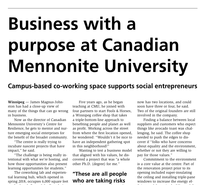 “Business with a Purpose” (Centre for Reslience featured in The Marketplace)